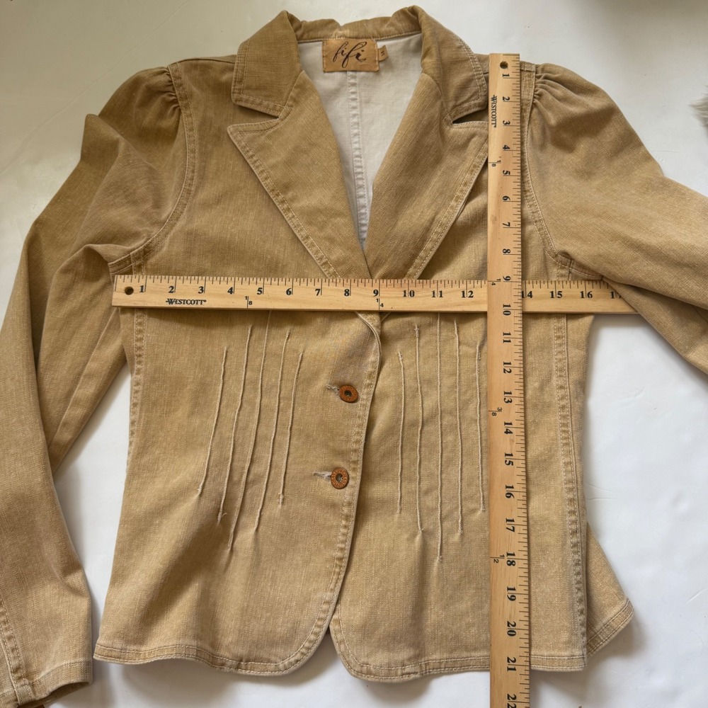 Fifi Tan Denim Pleated Waist Puff Sleeve Blazer Jacket Y2K Indie Minimalist Twee - Picture 5 of 5